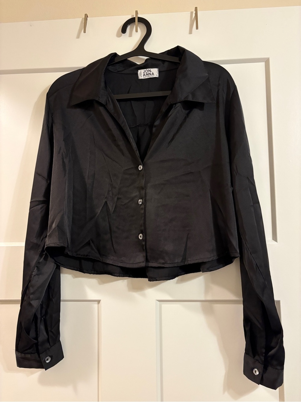 Jon & Anna Black Satin Cropped Button-Down Shirt